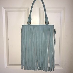 Teal/ light blue Cloud multi tote w/fringe NWT